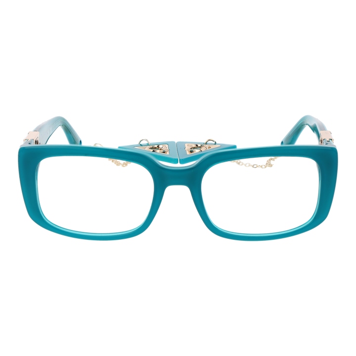 Teal square eyeglasses for Women with gold triangular logo accents and delicate gold chain detail