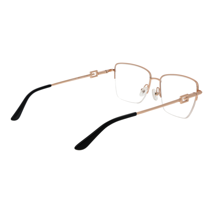Rose gold and black metal rectangular eyeglasses with decorative hinge and adjustable nose pads on white background