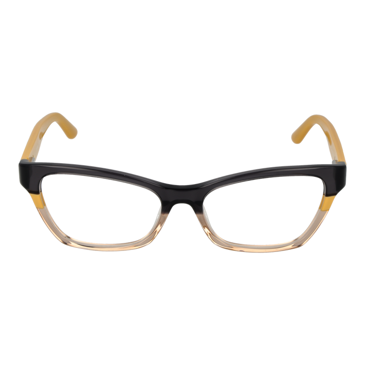 Black and yellow two-tone rectangular eyeglasses with metal logo temples on white background for Women