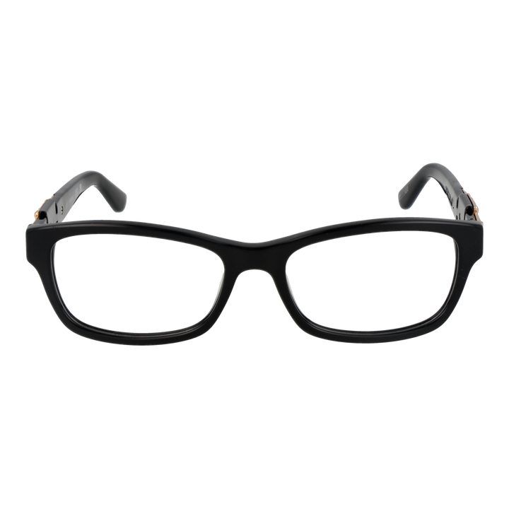 Black full-rim rectangular eyeglasses in plastic with gold decorative temple accents, modern design for Women