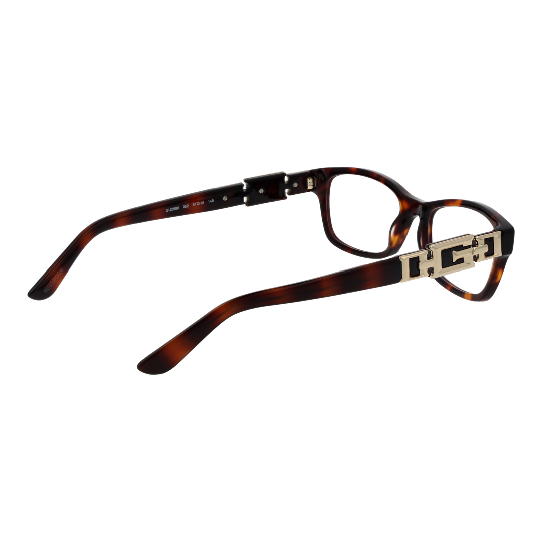 Tortoise brown full-rim rectangular eyeglasses with gold decorative hinge, lightweight plastic frame, front three-quarter view
