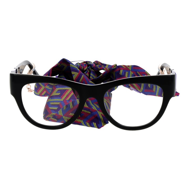 Black cat-eye eyeglasses with purple G temples and attached multicolor patterned fabric scarf for Women