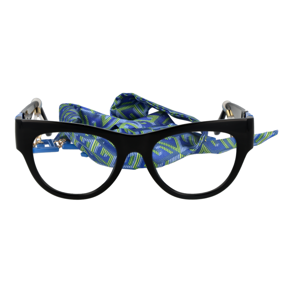 Black, blue, and green retro cat-eye eyeglasses with decorative blue 'E' temples and patterned fabric strap