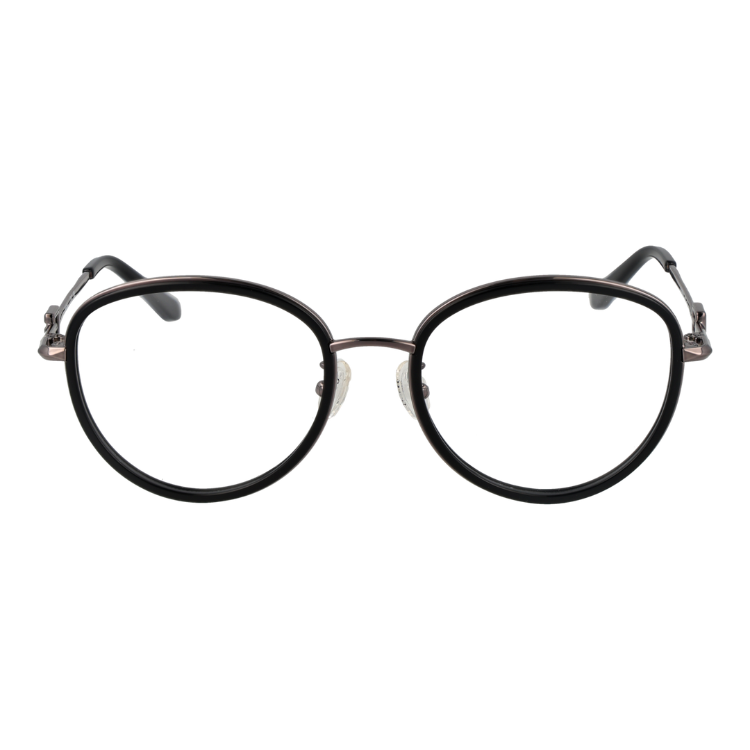 Unisex black and silver metal round eyeglasses with thin temples and decorative hinge on white background