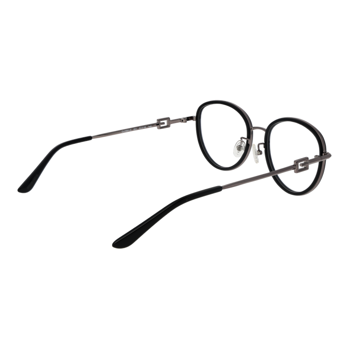 Unisex black and silver metal round eyeglasses with thin temples and decorative hinge on white background