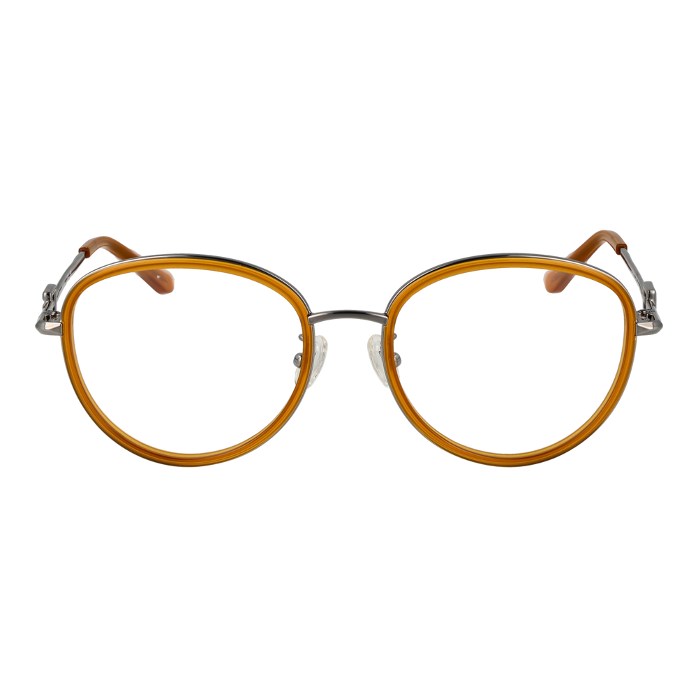 Unisex orange and silver retro round eyeglasses with metal temples and plastic tips on white background