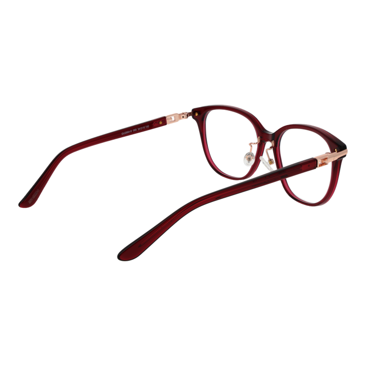 Dark red square plastic eyeglasses for Women with clear nose pads and metallic hinge accents