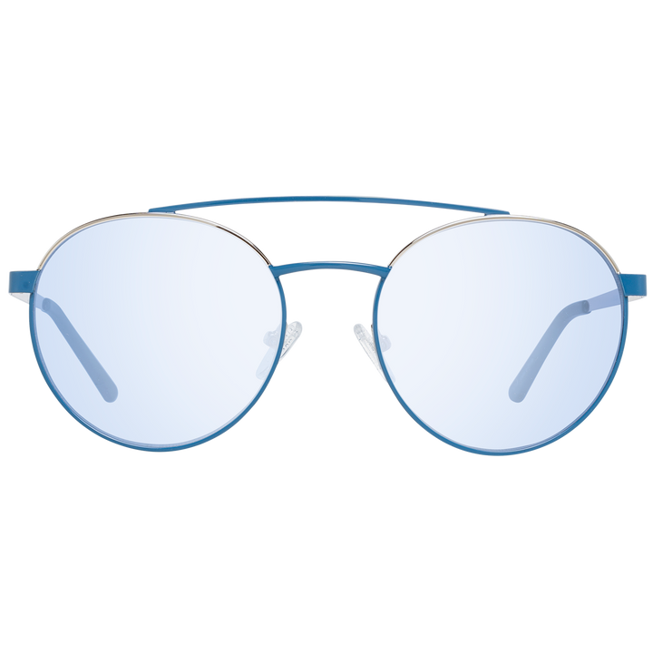 Unisex blue metal round eyeglasses with double bridge and adjustable nose pads against white background