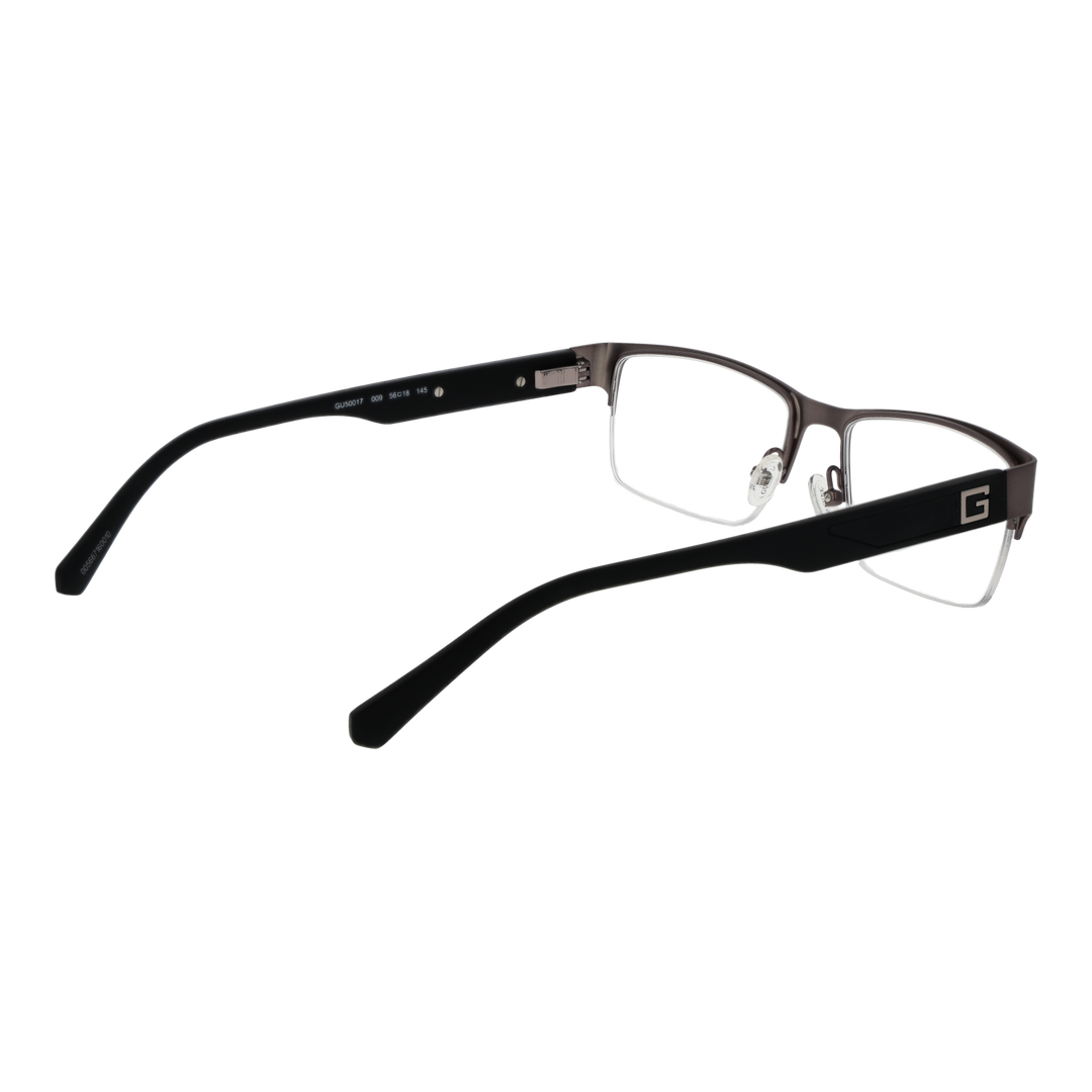 Brown and black half-rim eyeglasses, rectangular lenses, metal frame, adjustable nose pads, plastic temple tips