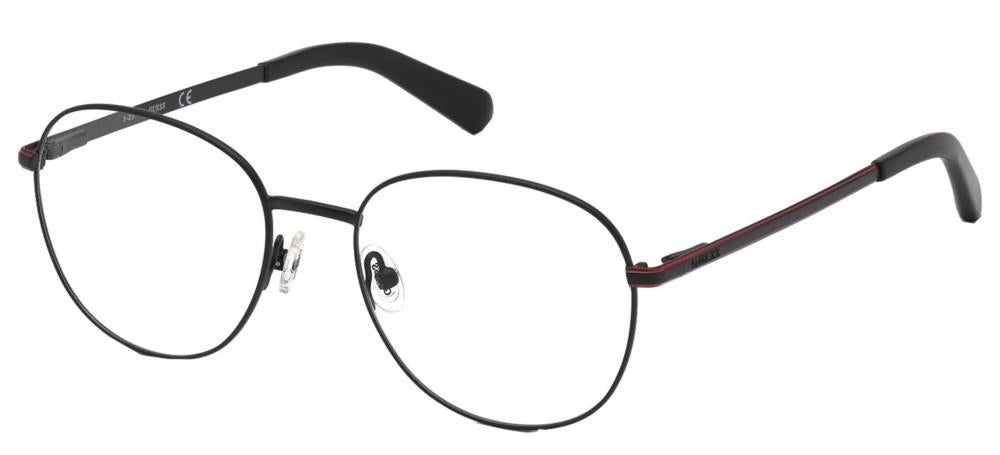 Unisex black round metal eyeglasses with subtle red accents, thin frame, nose pads, curved temple tips