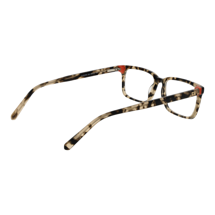 Unisex tortoise shell full-rim eyeglasses with rectangular lenses and small orange hinge accent, black and beige tones