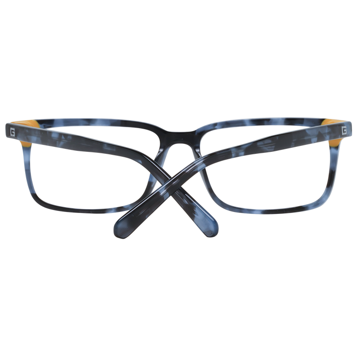Unisex black and gray tortoiseshell full-rim rectangular eyeglasses with small yellow temple accent, logo on temple