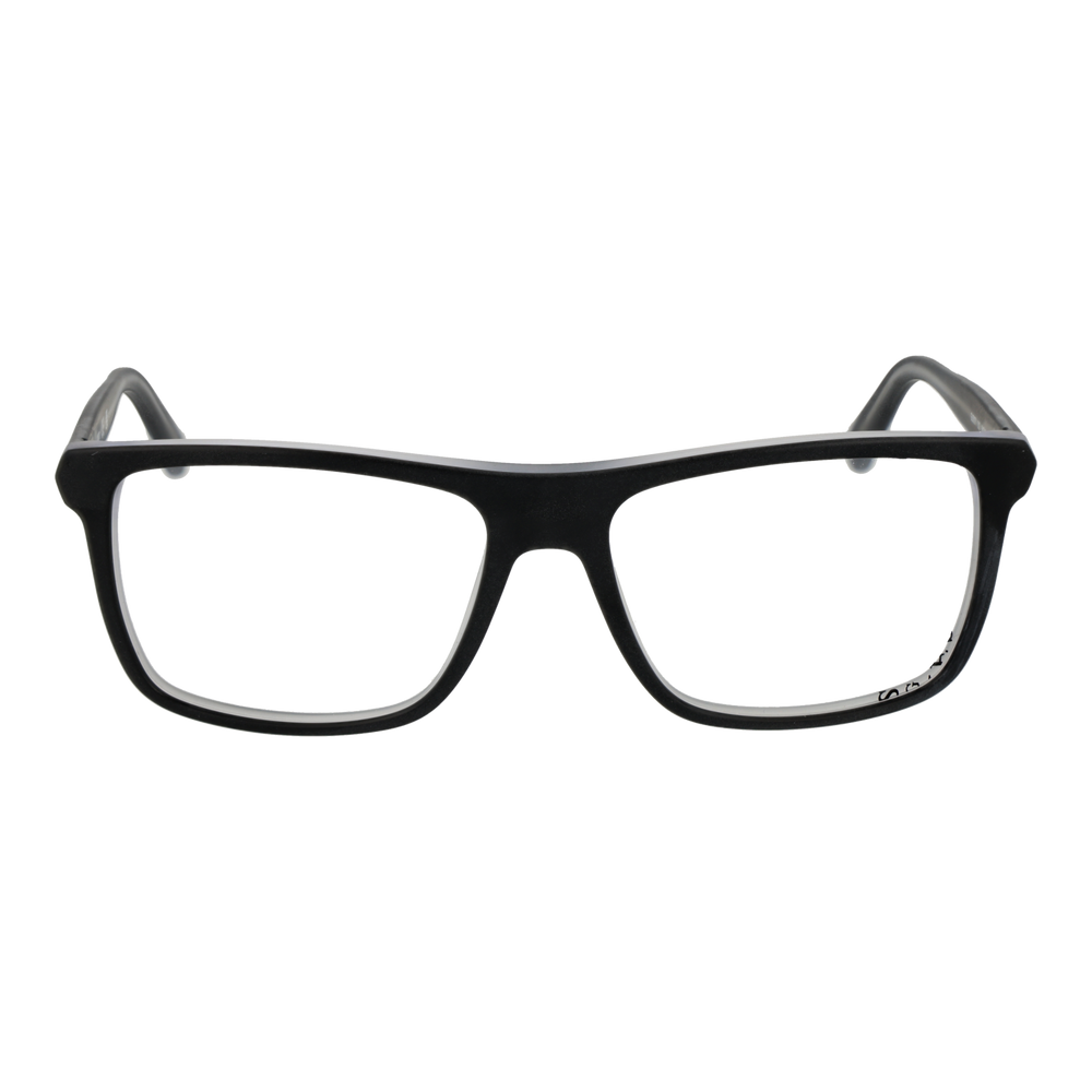 Black full-rim plastic eyeglasses with rectangular lenses, modern Unisex design on neutral background