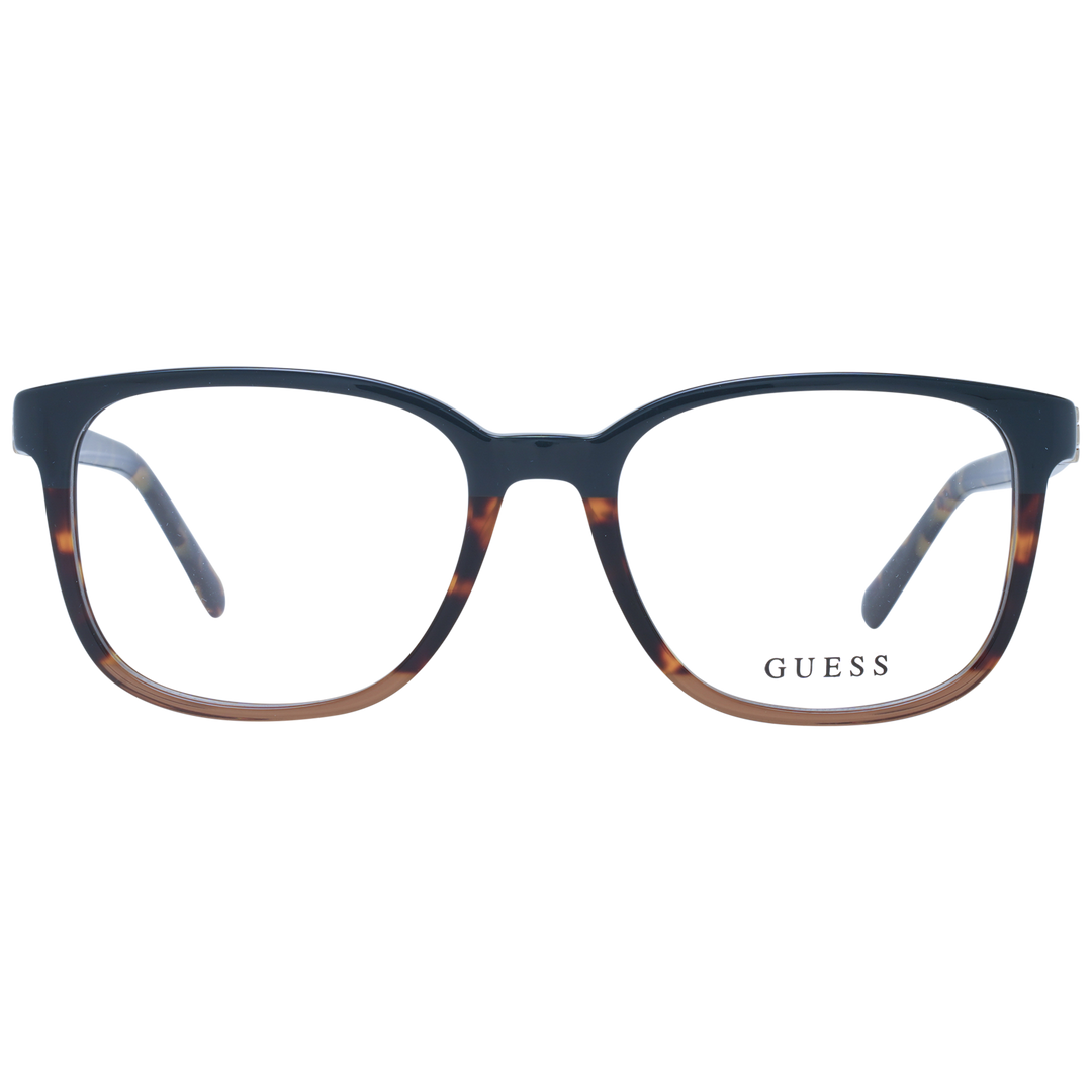 Black and tortoiseshell brown square eyeglasses in plastic with gradient frame and metallic temple logo