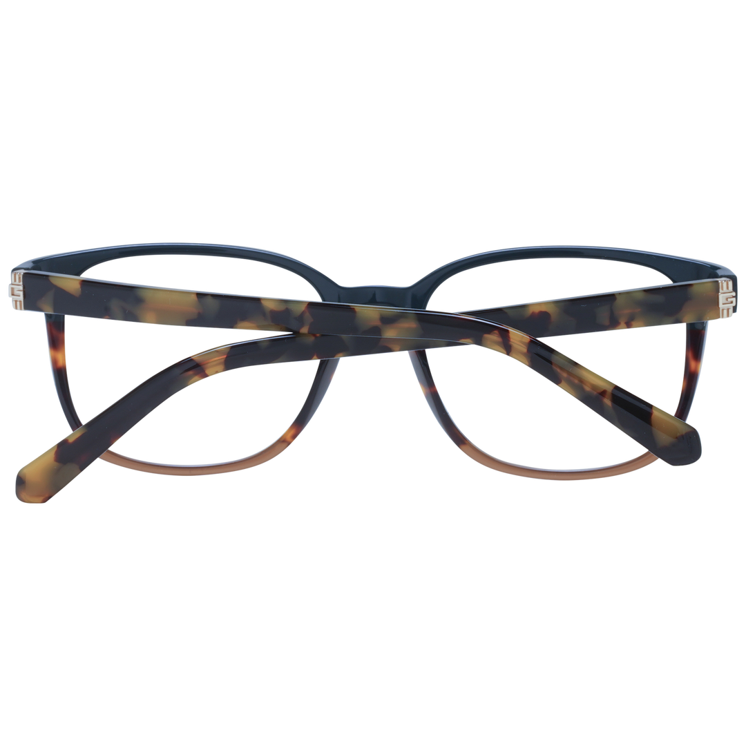 Black and tortoiseshell brown square eyeglasses in plastic with gradient frame and metallic temple logo