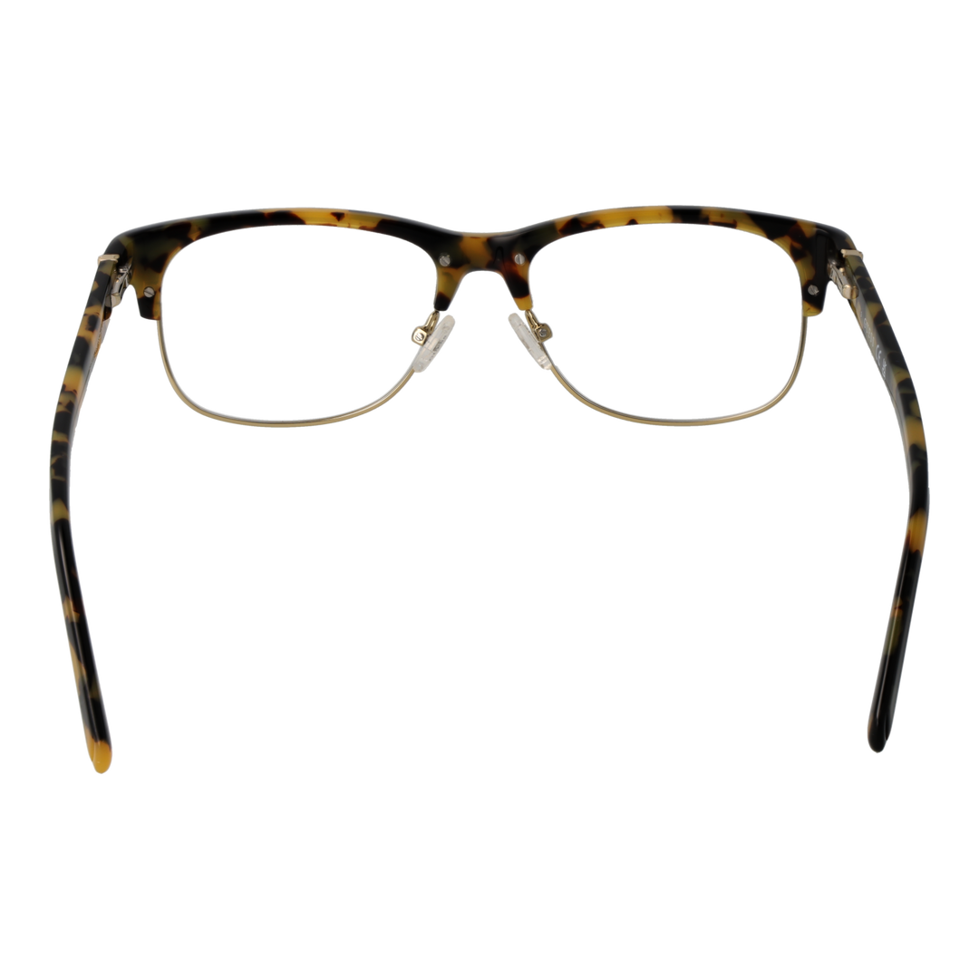 Unisex tortoise-pattern semi-rimless eyeglasses with plastic upper and metal lower rims, adjustable nose pads
