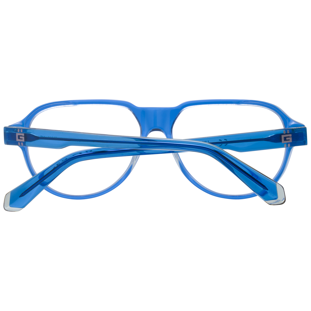 Unisex transparent blue plastic rectangular eyeglasses with logo on lens and temple, modern minimal design