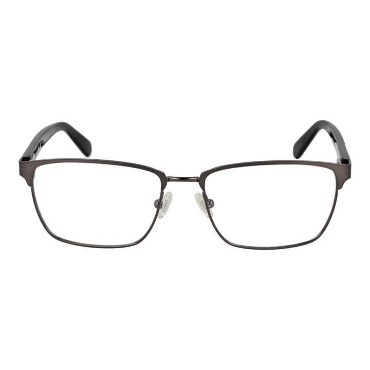 Unisex thin black metal rectangular eyeglasses with adjustable nose pads and dark gray plastic temple tips