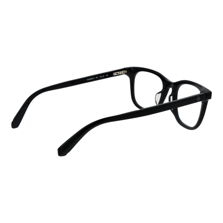 Unisex black full-rim rectangular eyeglasses in plastic with nose pads, front and angled view