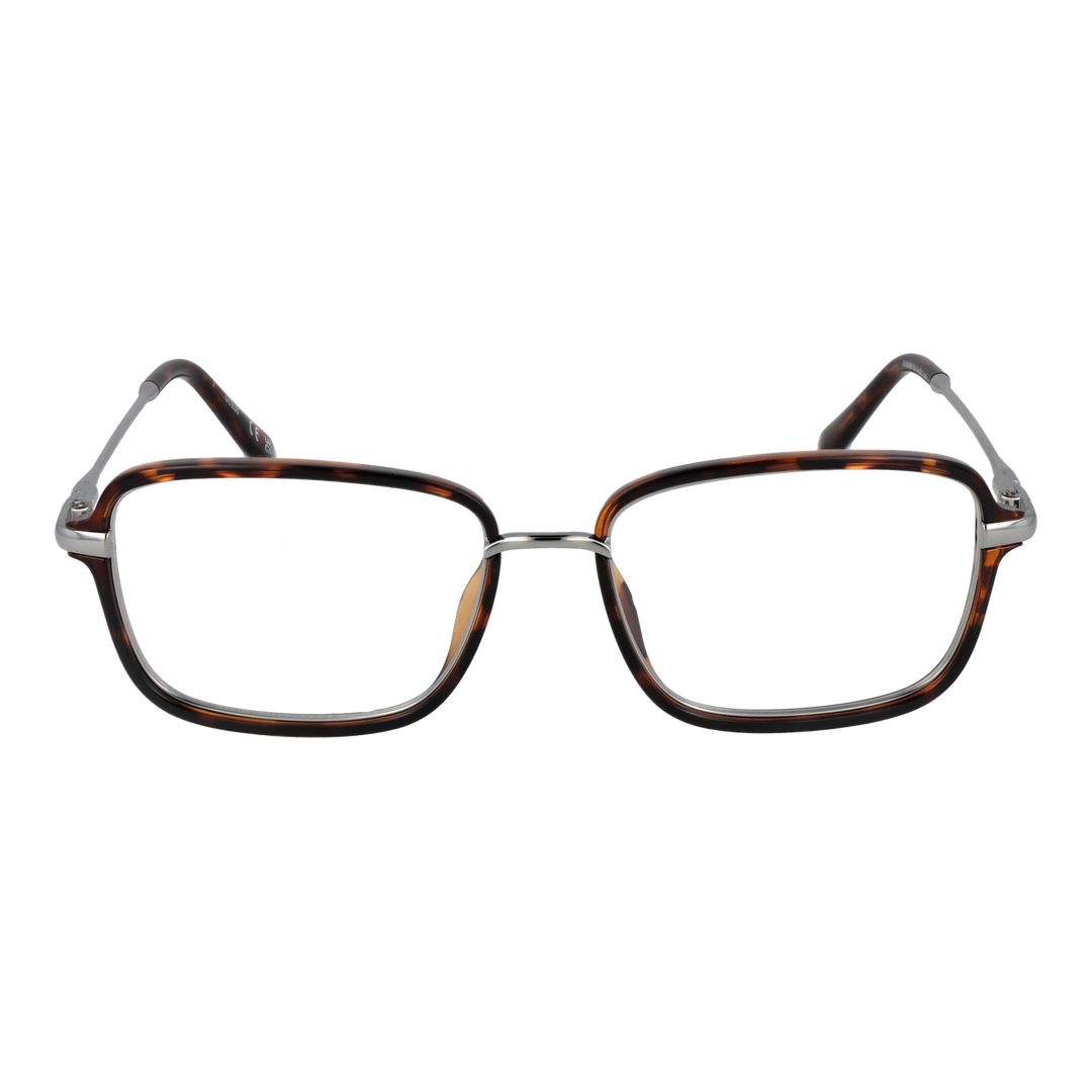 Unisex tortoise shell square eyeglasses with thin silver metal temples and plastic temple tips