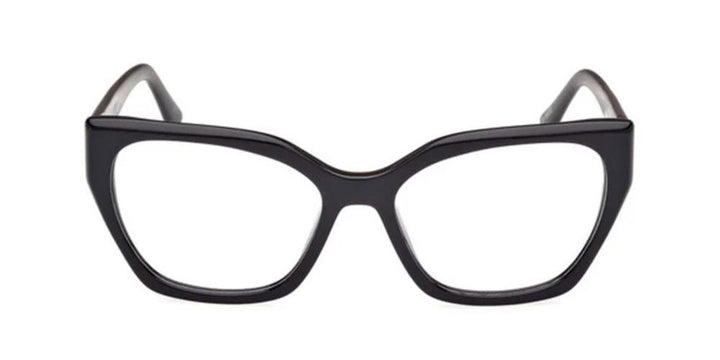 Black plastic cat-eye eyeglasses for Women, clear lenses and logo-decorated temples, modern fashionable look