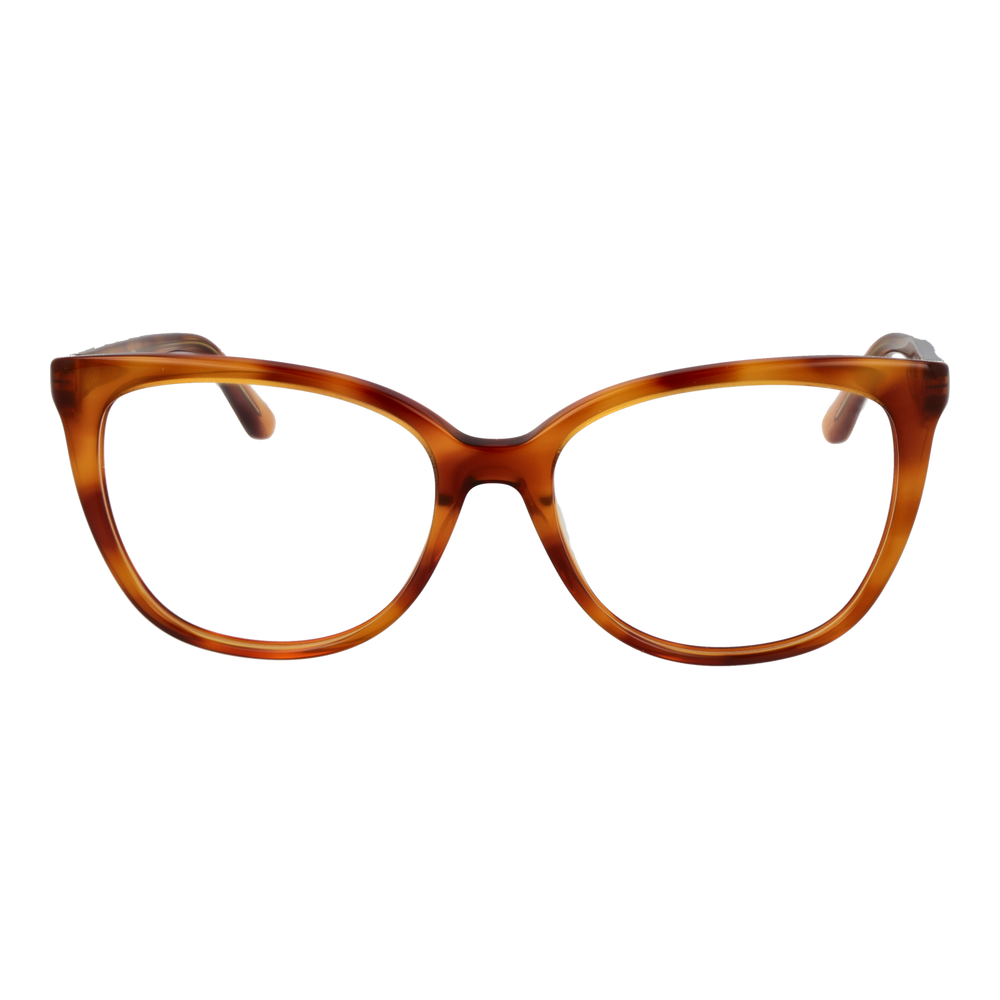 Tortoise brown cat-eye eyeglasses for Women with decorative gold symbols on temples, plastic frame