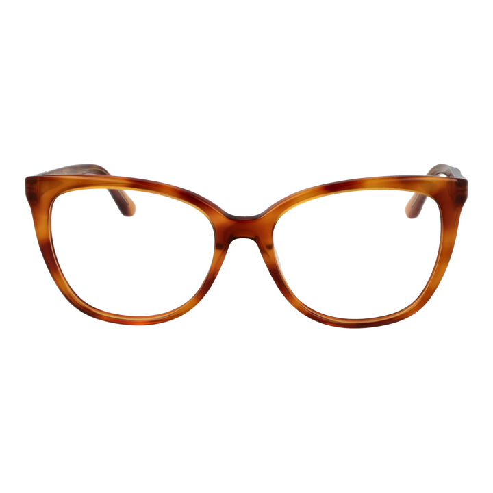 Tortoise brown cat-eye eyeglasses for Women with decorative gold symbols on temples, plastic frame