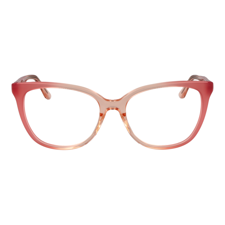 Pink gradient cat-eye eyeglasses in plastic with gold decorative temple symbols, shown three-quarter view