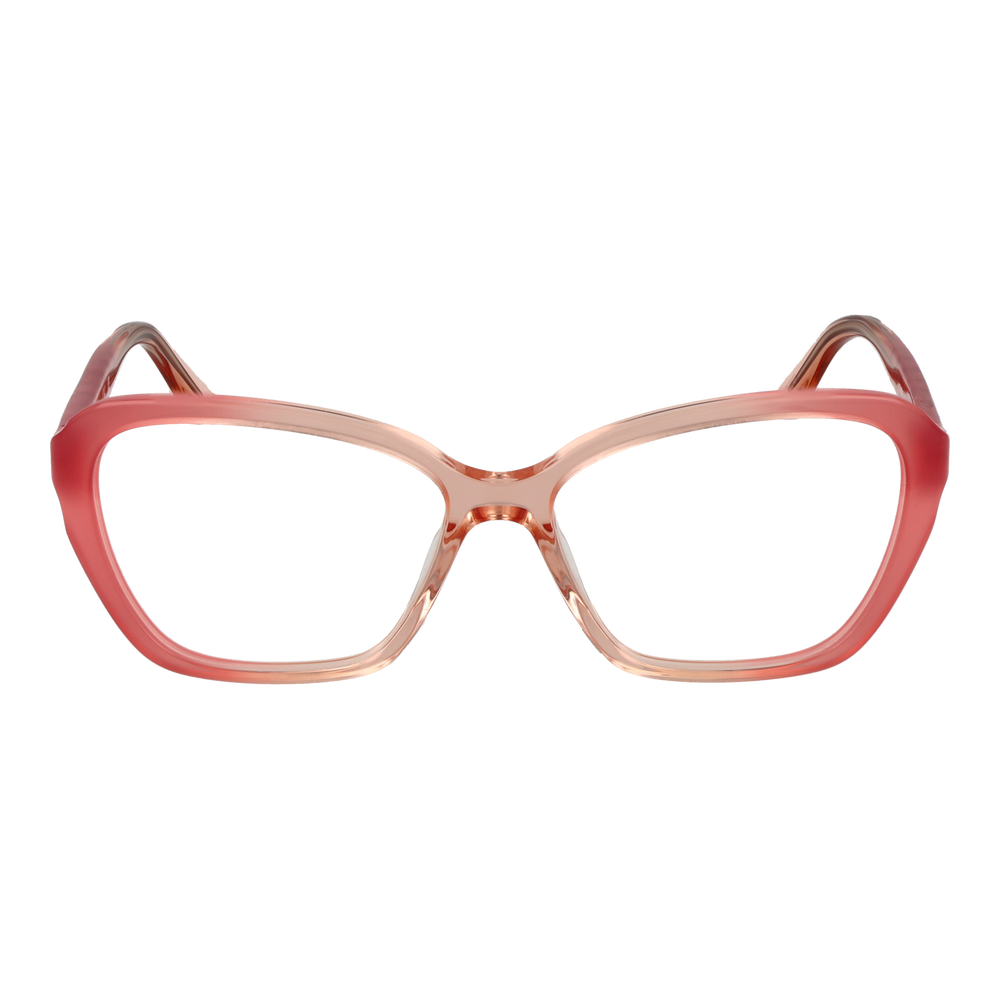 Pink gradient cat-eye eyeglasses in plastic with gold temple symbols on a clean white background