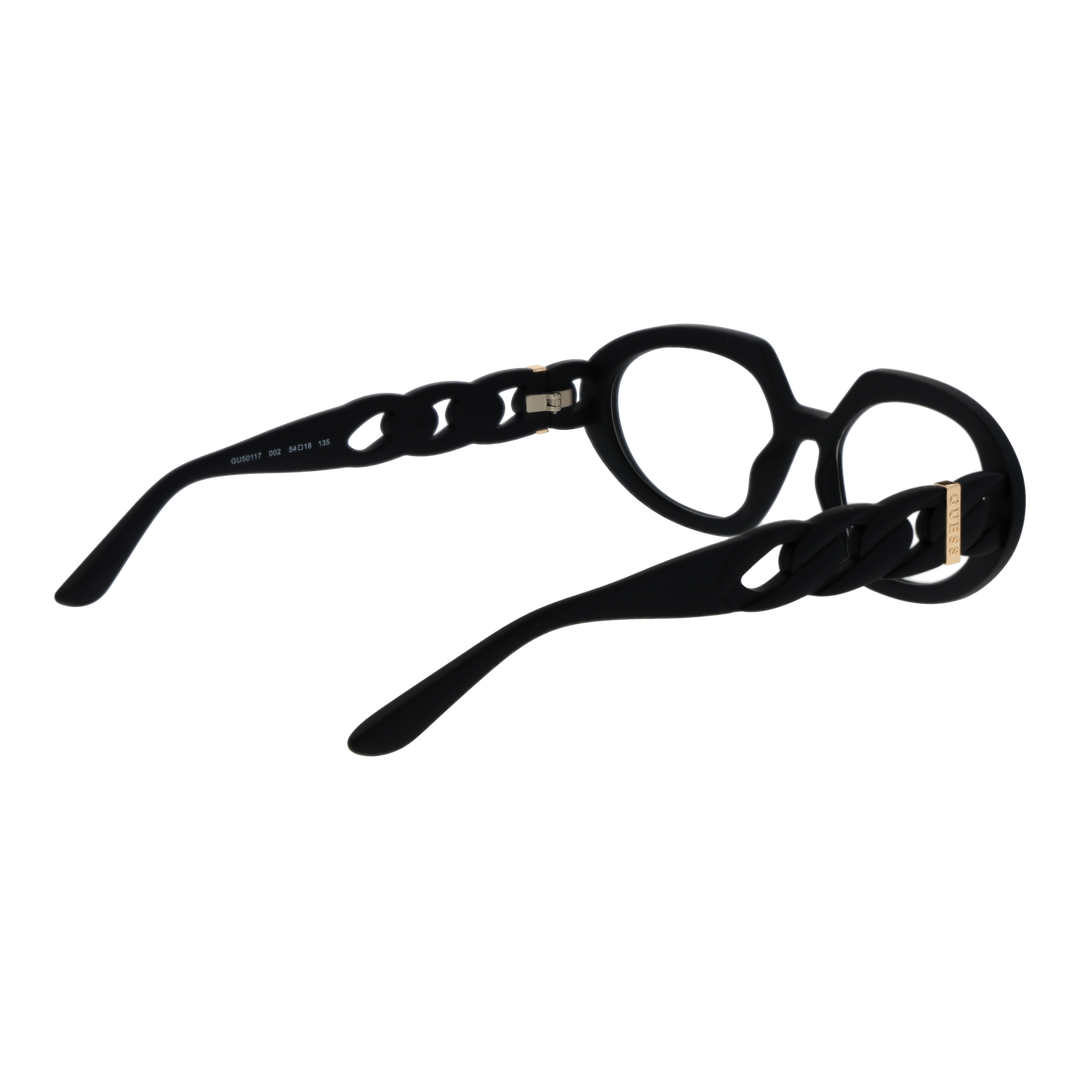 Black oval eyeglasses for Women with plastic frame, chain-link gold-accent temples, front and side profile