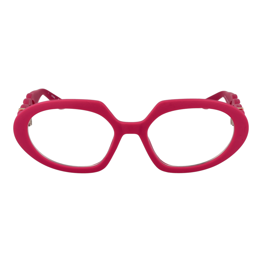 Pink plastic oval eyeglasses with chain-link temples and decorative metal rings on sides