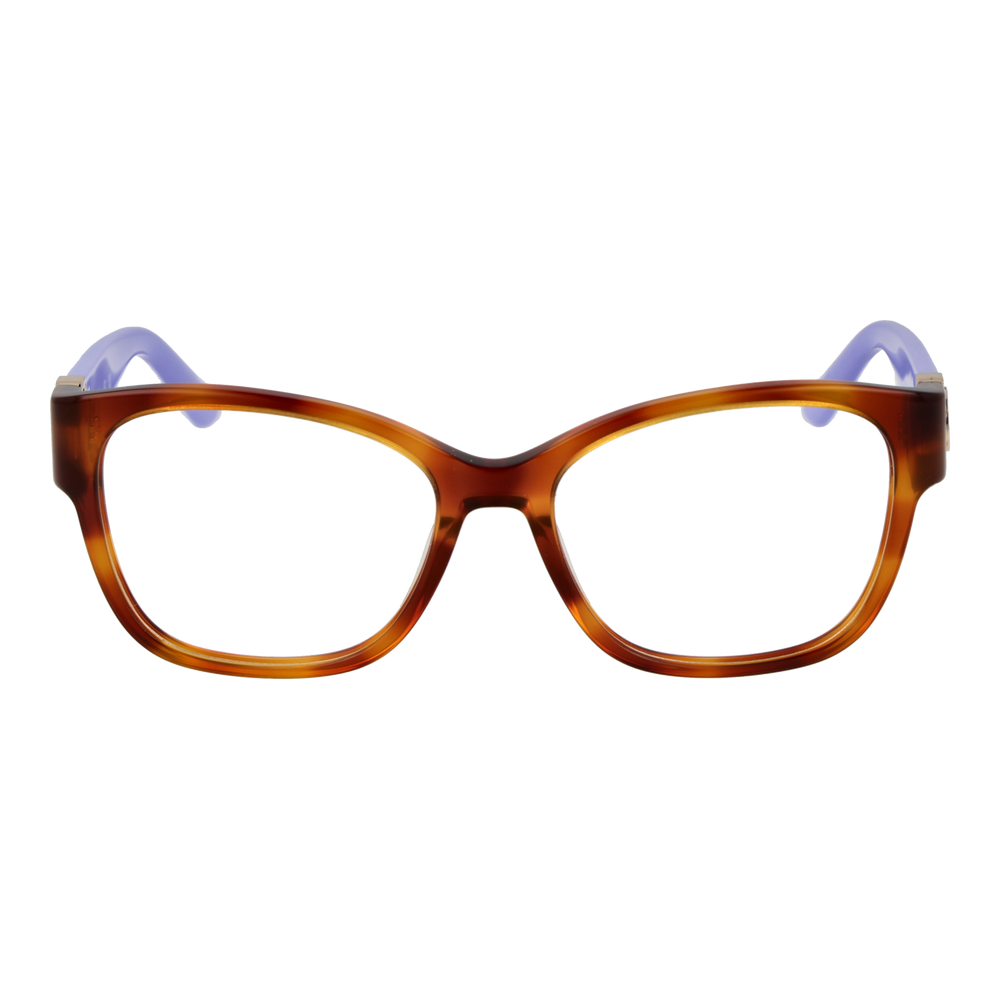 Purple and brown full-rim rectangular eyeglasses with gold emblem on temples, plastic frame, modern style for Women