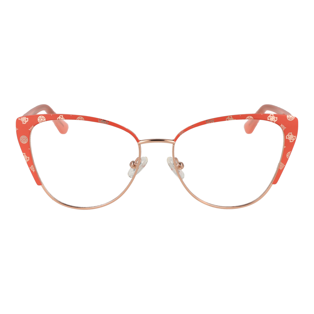 Red patterned cat-eye eyeglasses with rose-gold temples and adjustable nose pads on white background