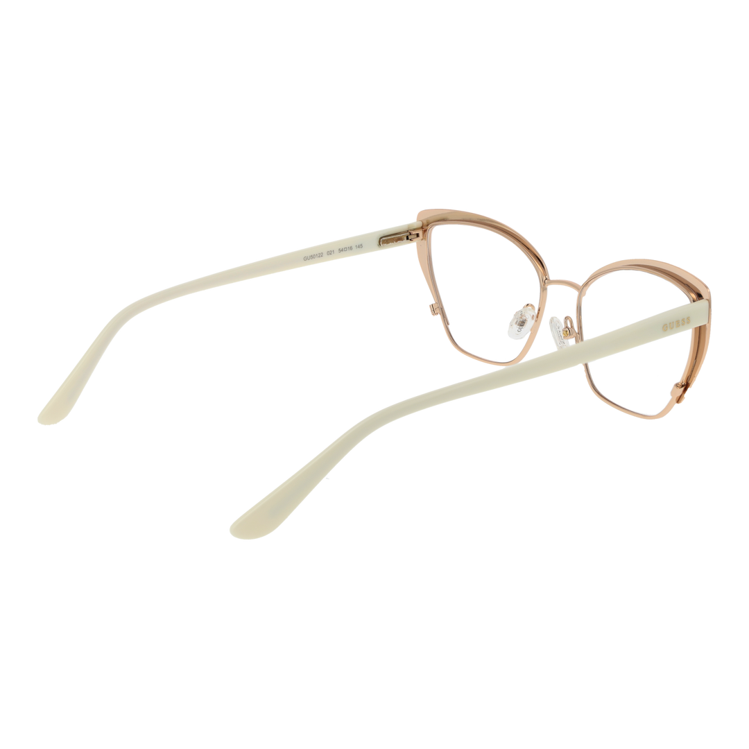 Beige patterned cat-eye eyeglasses with gold temples and contoured nose pads on white background