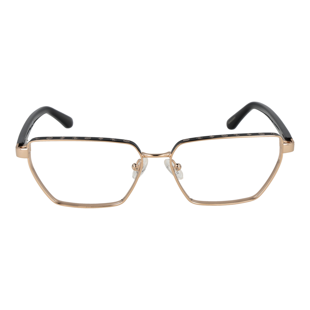 Gold metal and black rectangular eyeglasses for Women with decorative top-frame pattern and adjustable nose pads