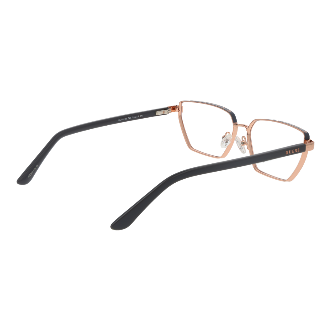 Rose gold thin metal rectangular eyeglasses with black temple tips and brand logo on temple on white background