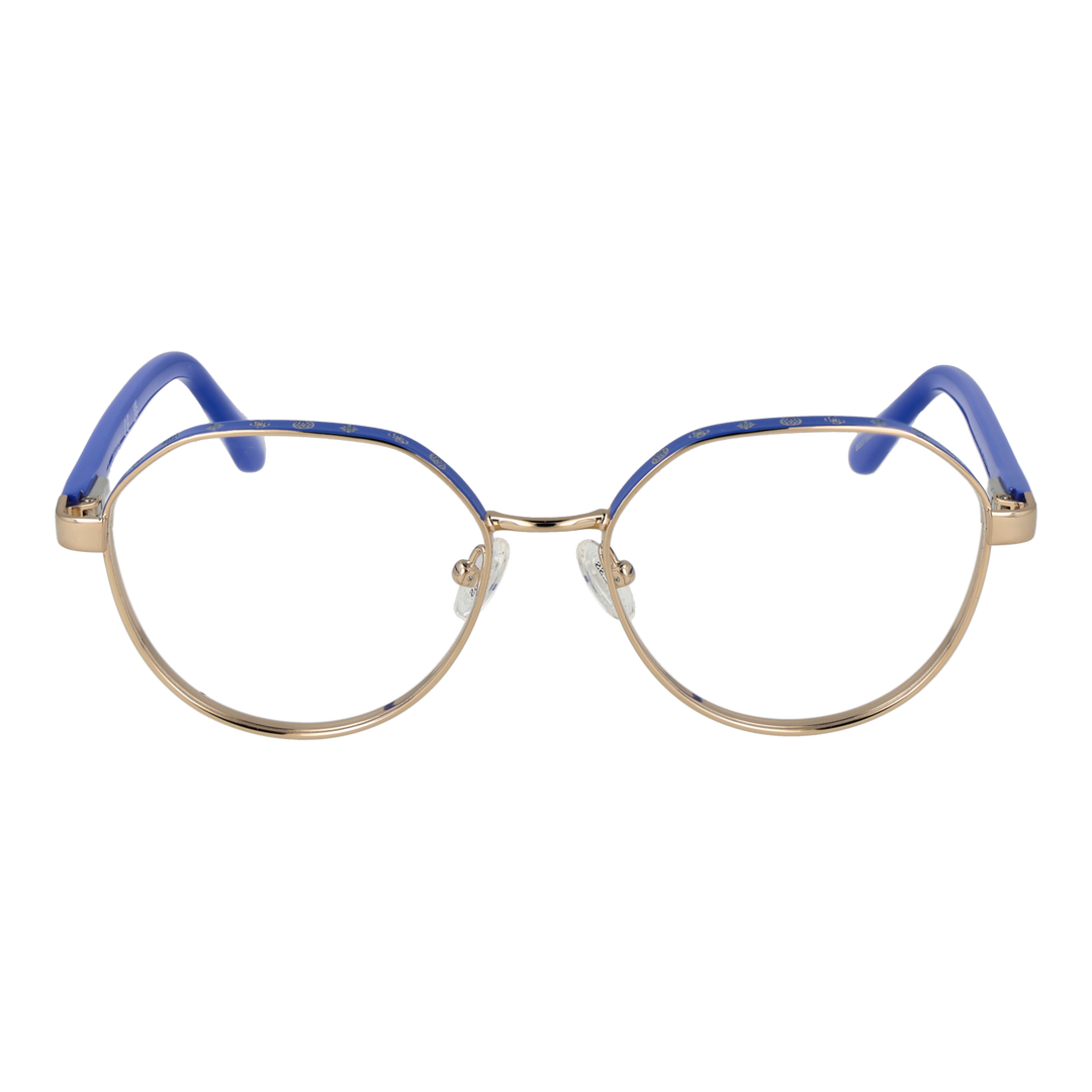 Unisex gold metal round eyeglasses with blue lenses and decorative symbols on upper frame, plastic temple tips, nose pads