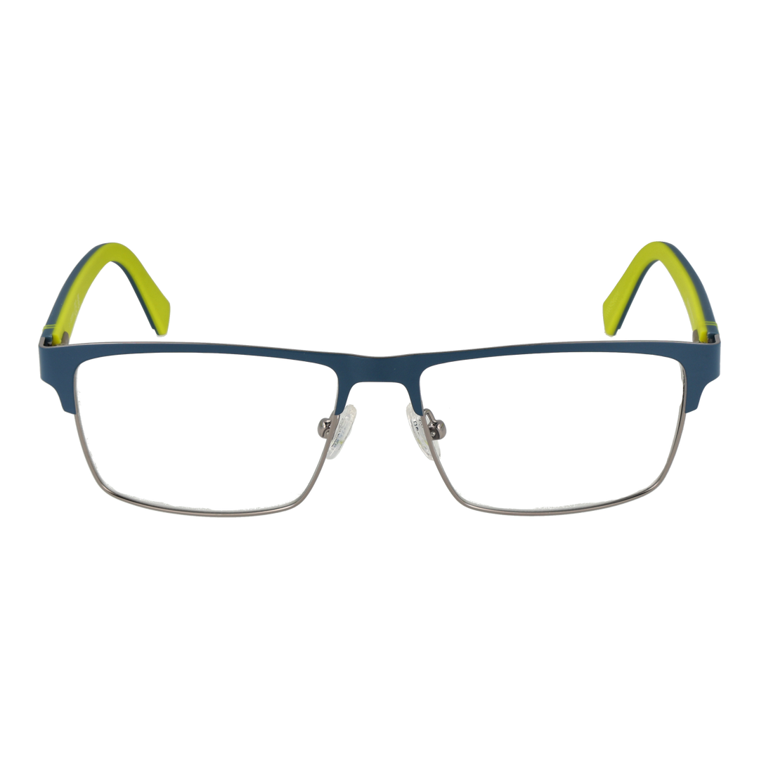 Blue rectangular eyeglasses with lime-green two-tone temples, silver metal frame, adjustable nose pads