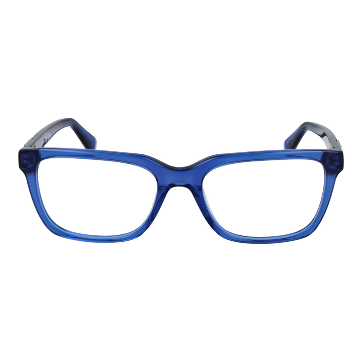 Transparent blue full-rim rectangular eyeglasses with metal logo on temples, Unisex design