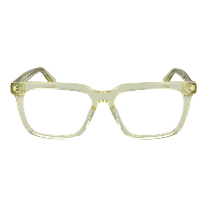 Unisex translucent yellow square eyeglasses in clear plastic with gold temple accents, shown front and side views
