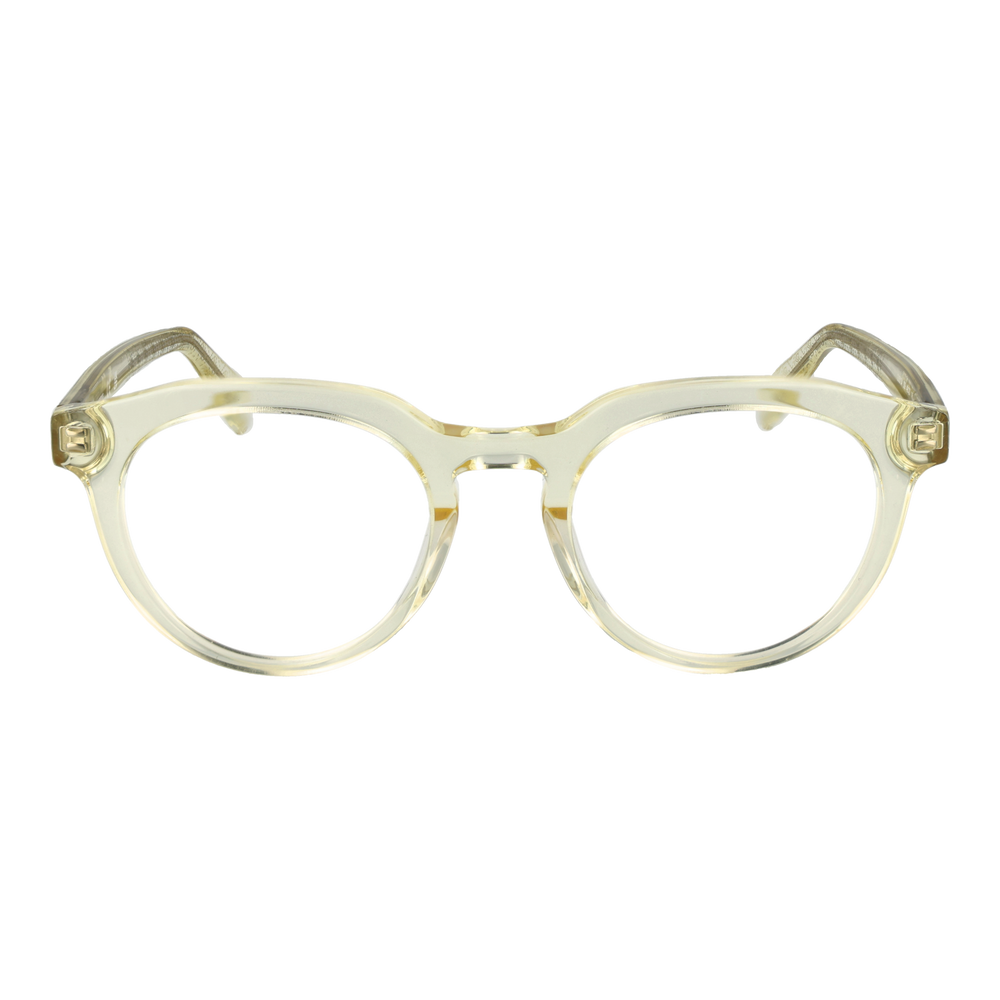 Unisex transparent yellow round eyeglasses in clear plastic frame showing round lenses and metal hinges on temples