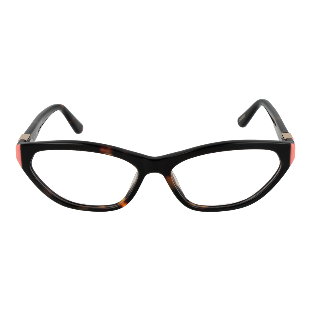 Tortoise cat-eye eyeglasses in black and pink plastic with logo-detail temples, front three-quarter view