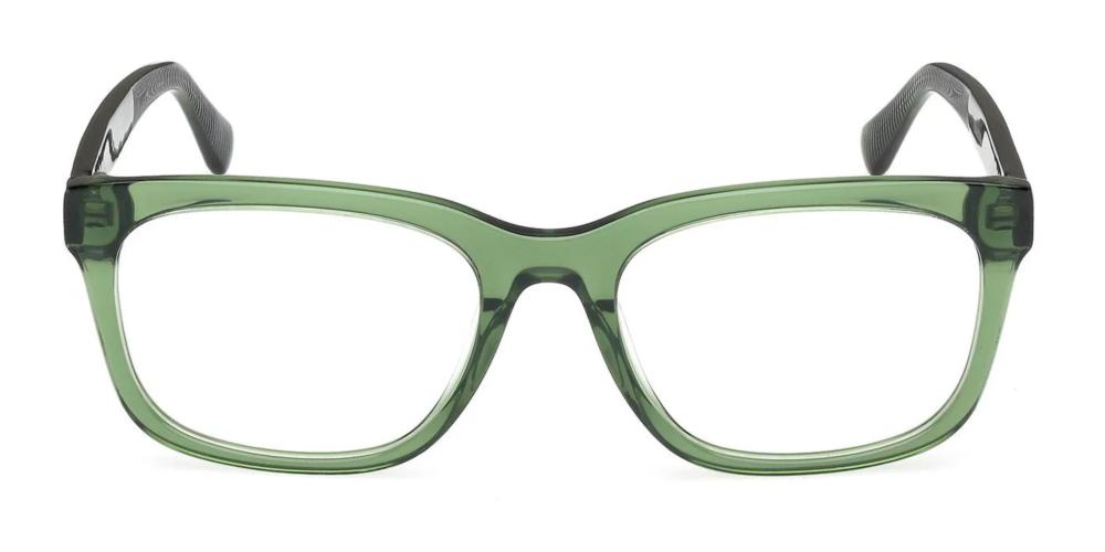 Transparent green full-rim rectangular eyeglasses in plastic with textured temple tips, modern unisex design