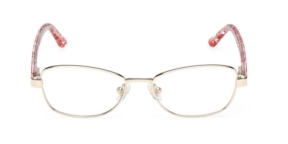 Gold rectangular eyeglasses with patterned red and white plastic temple arms on white background