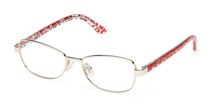 Gold rectangular eyeglasses with patterned red and white plastic temple arms on white background