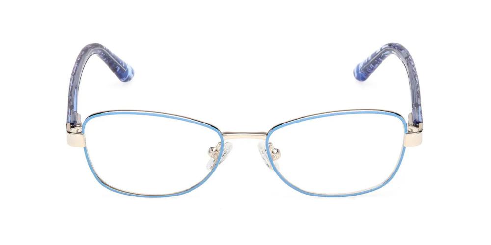 Blue semi-rimless eyeglasses with rectangular lenses and silver bridge, patterned blue plastic temple arms.
