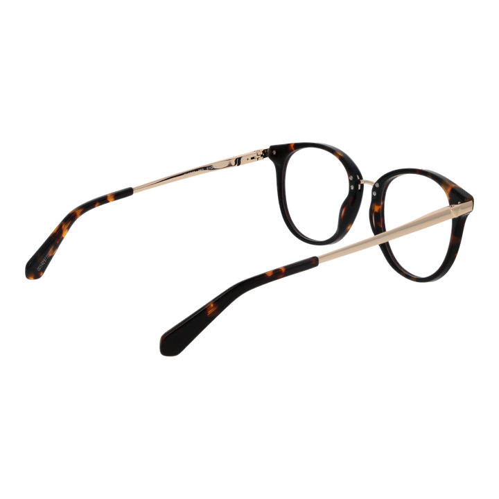 Unisex tortoise shell round eyeglasses with gold metal temples and plastic frame front on white background