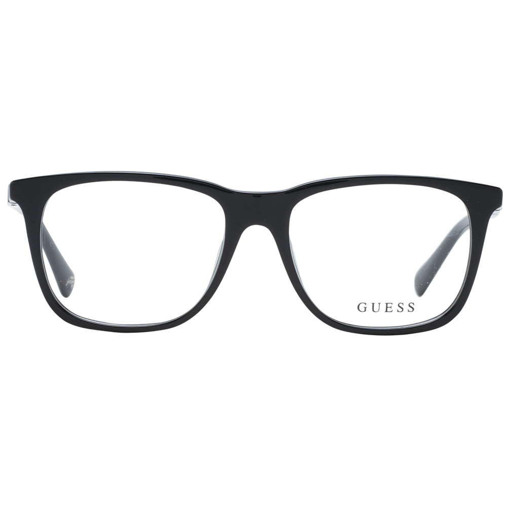 Black full-rim rectangular Unisex eyeglasses in plastic with logos on lens and temples on white background