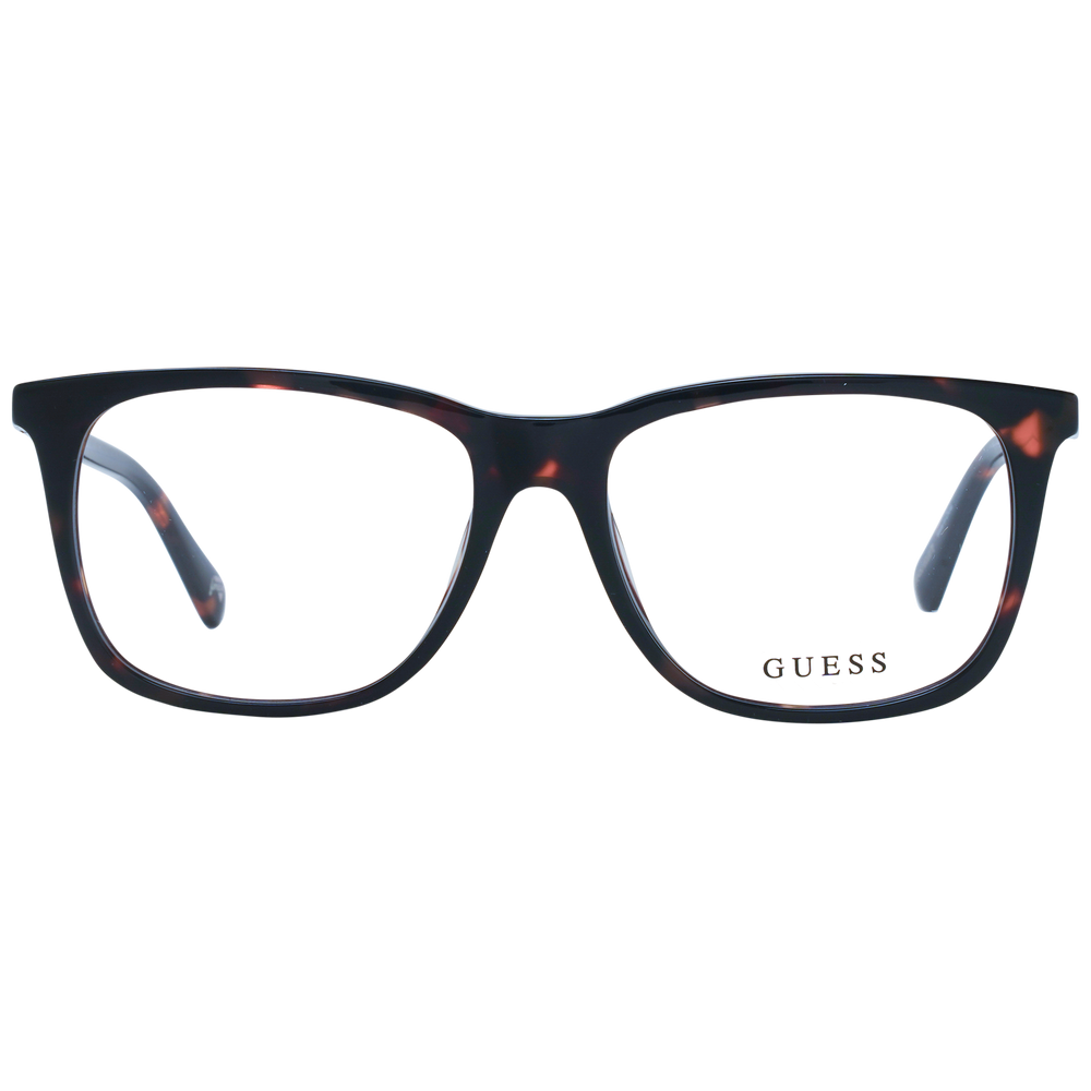 Unisex tortoise shell full-rim eyeglasses in brown and orange, rectangular lenses, Guess logo on temple