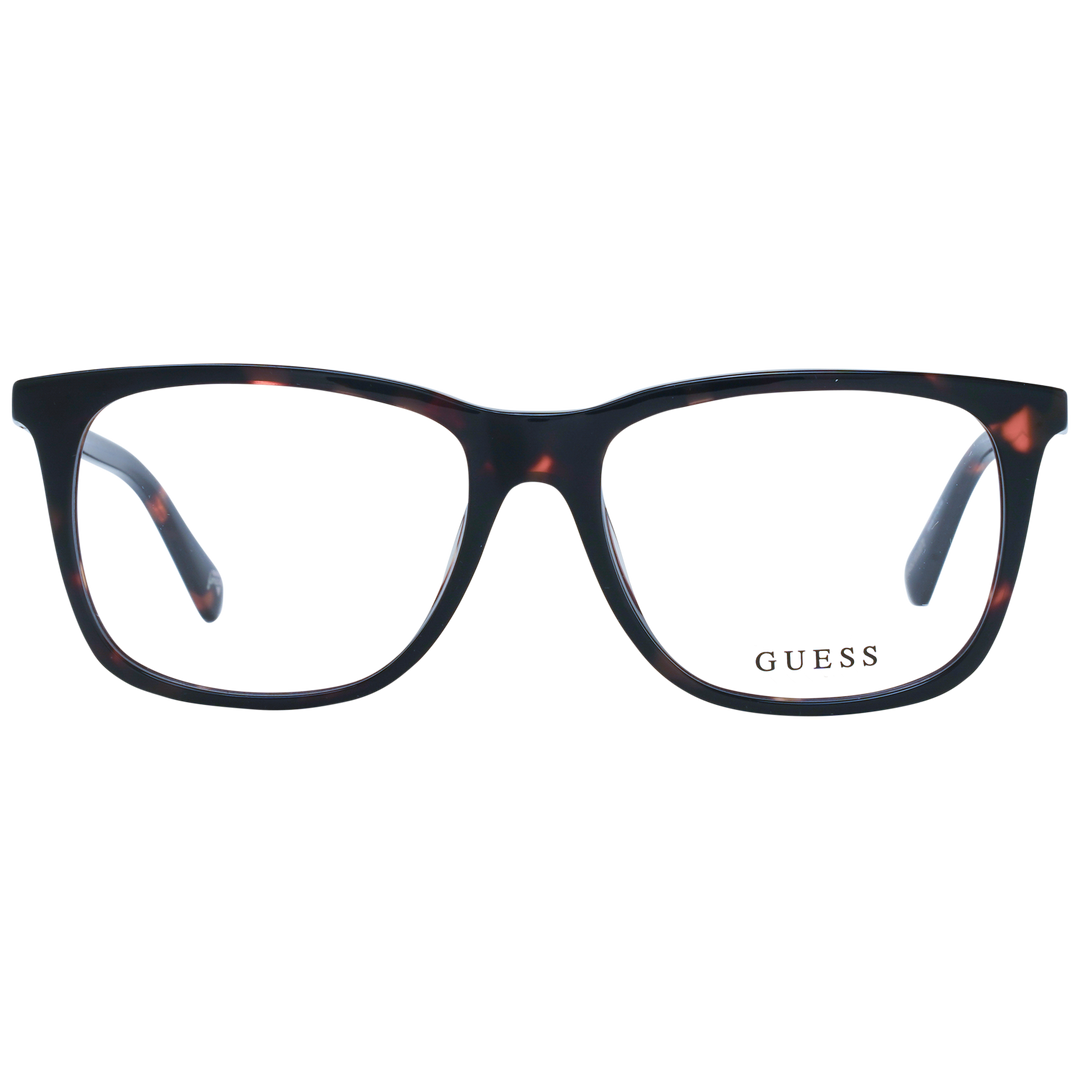 Unisex tortoise shell full-rim eyeglasses in brown and orange, rectangular lenses, Guess logo on temple